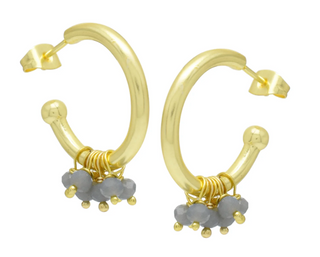 gold hoop earrings with door knocker style grey beads