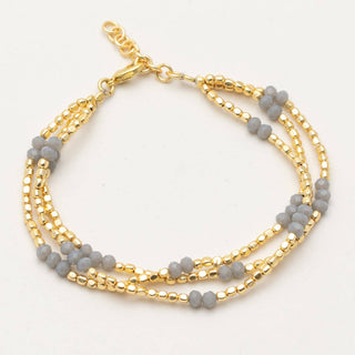 Three line bracelet with gold beads and grey chalcedony beads.