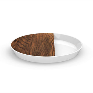 Round white platter with walnut wood board insert.