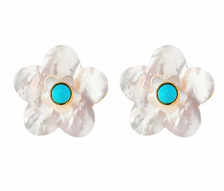 14k gold dipped Azalea stacked stud with two layered mother of pearl flowers and turquoise centers. 