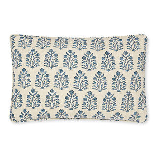 Self welted natural linen pillow with blue block printed flowers