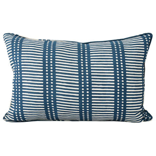 Self welt linen pillow in blue and natural with bar and dot pattern